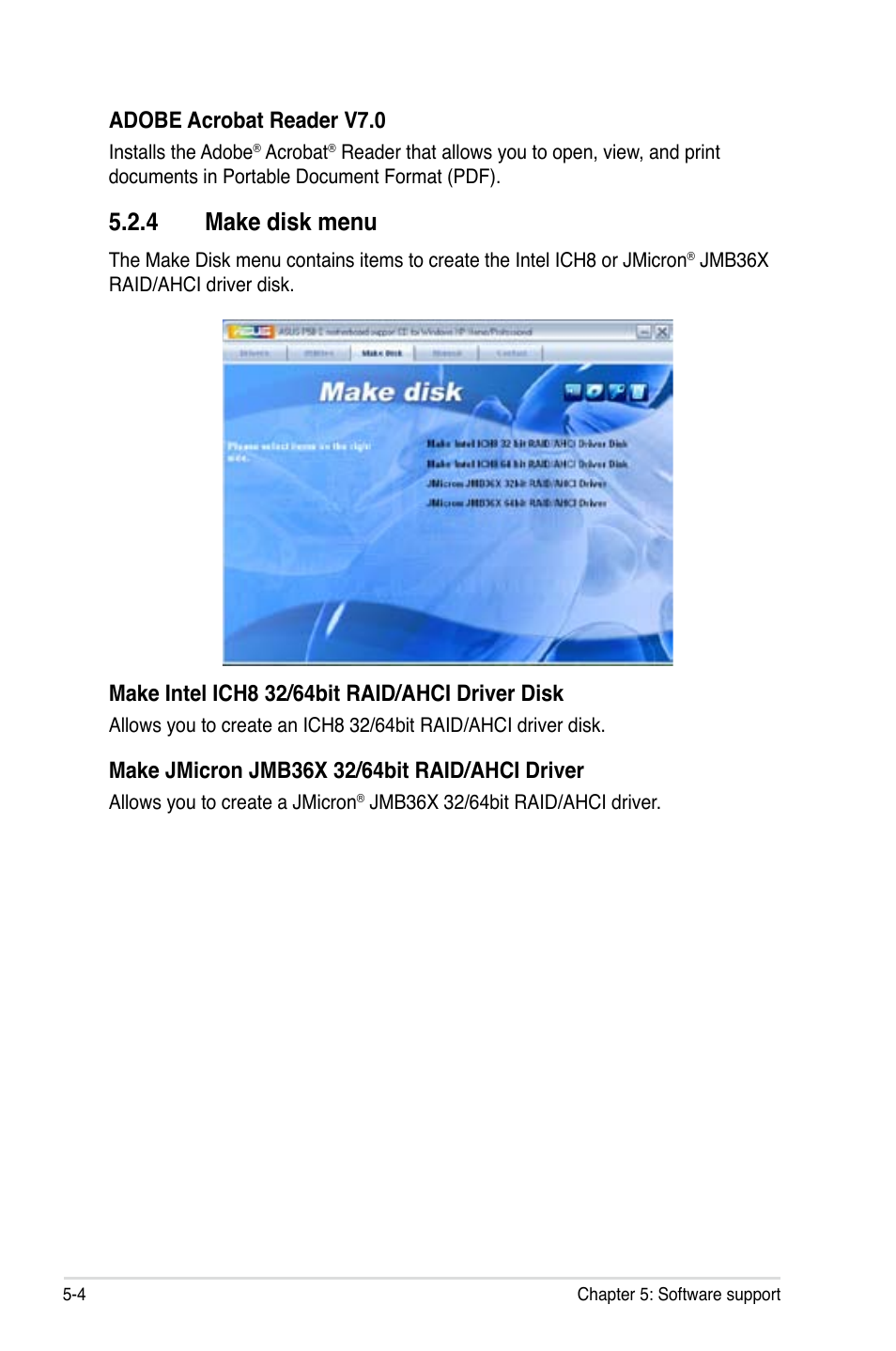 4 make disk menu, Adobe acrobat reader v7.0 | Asus Motherboard P5B-E User Manual | Page 110 / 158