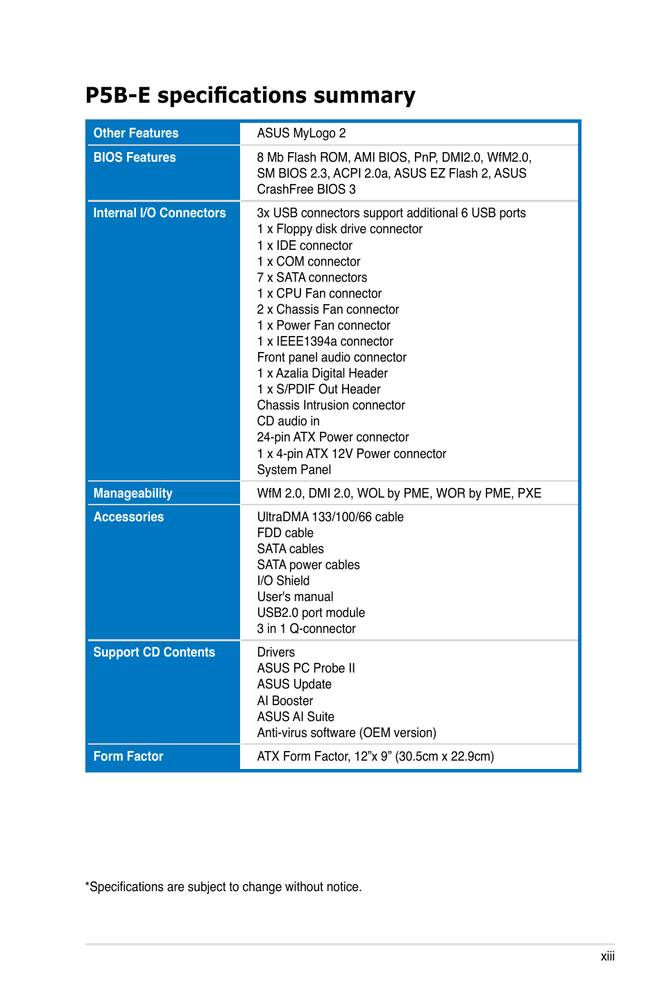 P5b-e specifications summary | Asus Motherboard P5B-E User Manual | Page 13 / 158