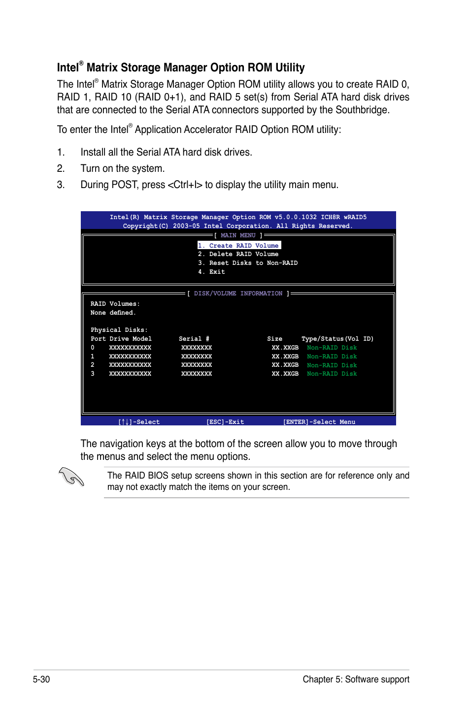 Intel, Matrix storage manager option rom utility, The intel | Asus Motherboard P5B-E User Manual | Page 136 / 158