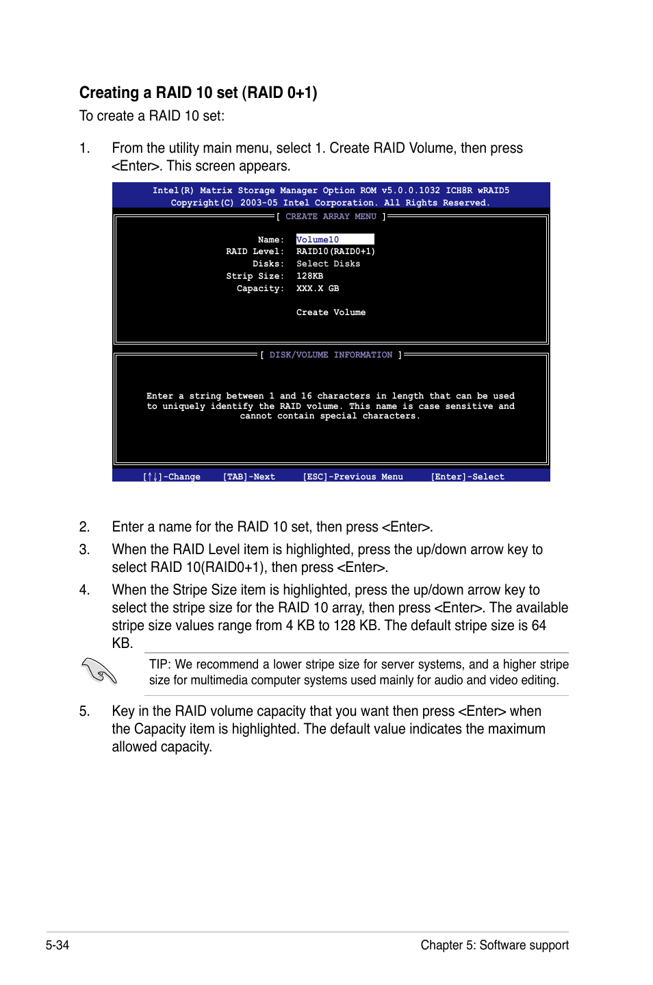 Creating a raid 10 set (raid 0+1) | Asus Motherboard P5B-E User Manual | Page 140 / 158