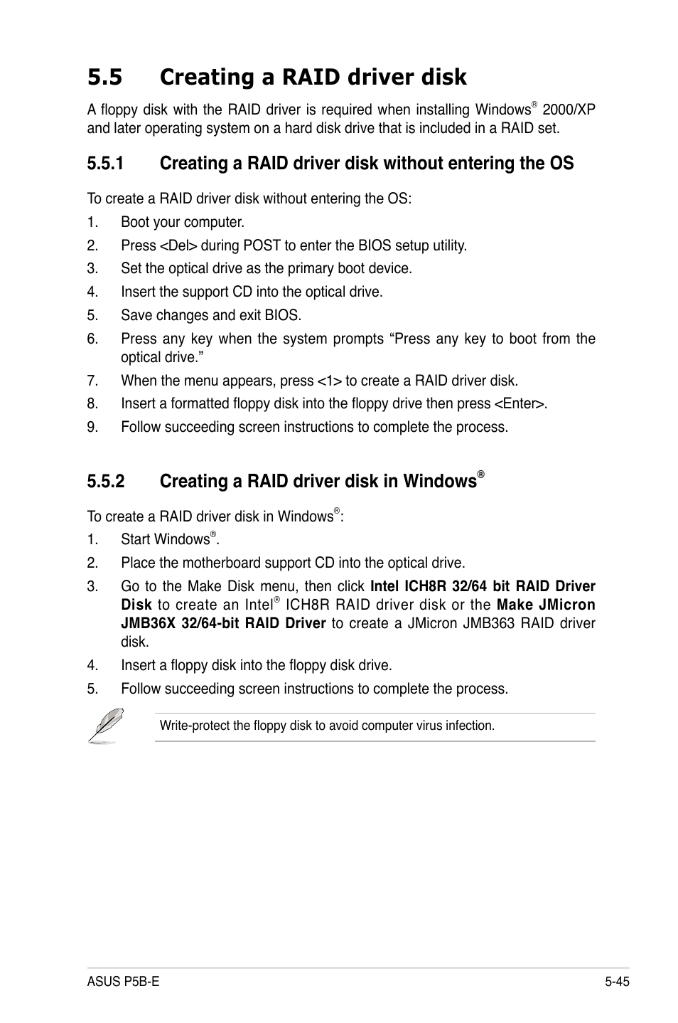 5 creating a raid driver disk, 2 creating a raid driver disk in windows | Asus Motherboard P5B-E User Manual | Page 151 / 158