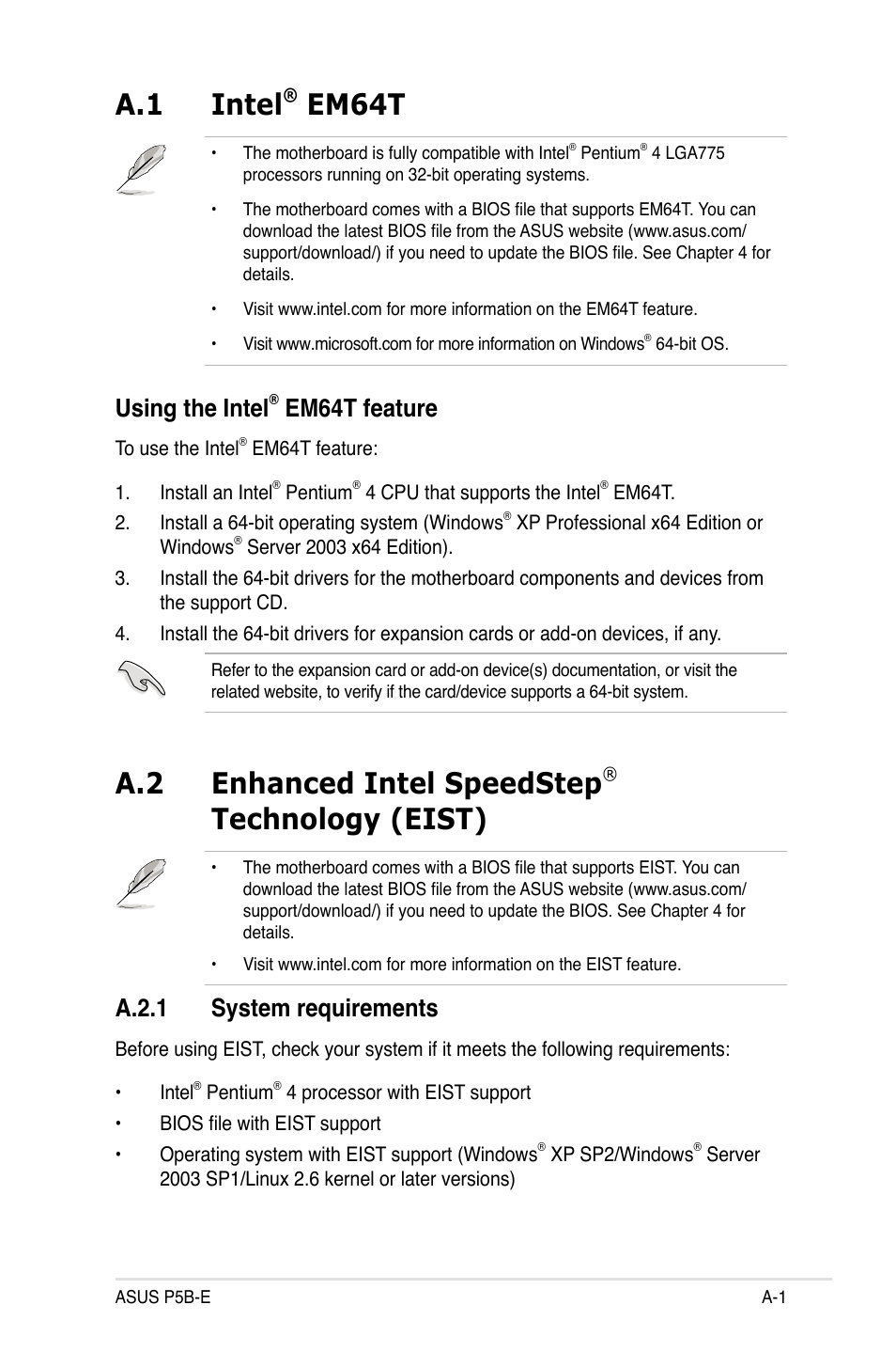 A.1 intel, Em64t, A.2 enhanced intel speedstep | Technology (eist), Using the intel, Em64t feature, A.2.1 system requirements | Asus Motherboard P5B-E User Manual | Page 155 / 158