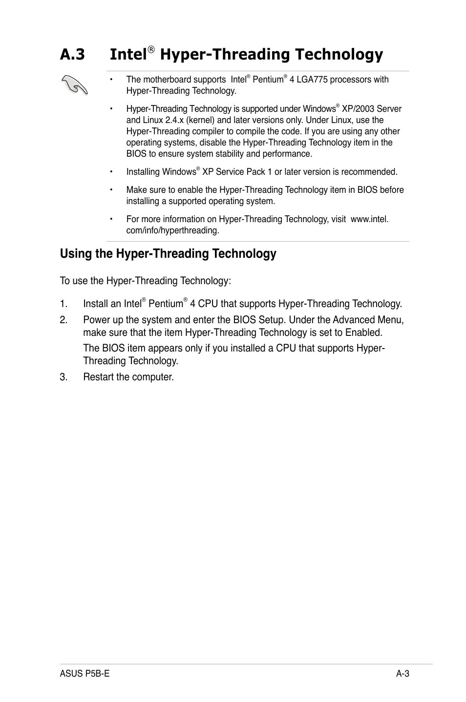 A.3 intel, Hyper-threading technology, Using the hyper-threading technology | Asus Motherboard P5B-E User Manual | Page 157 / 158