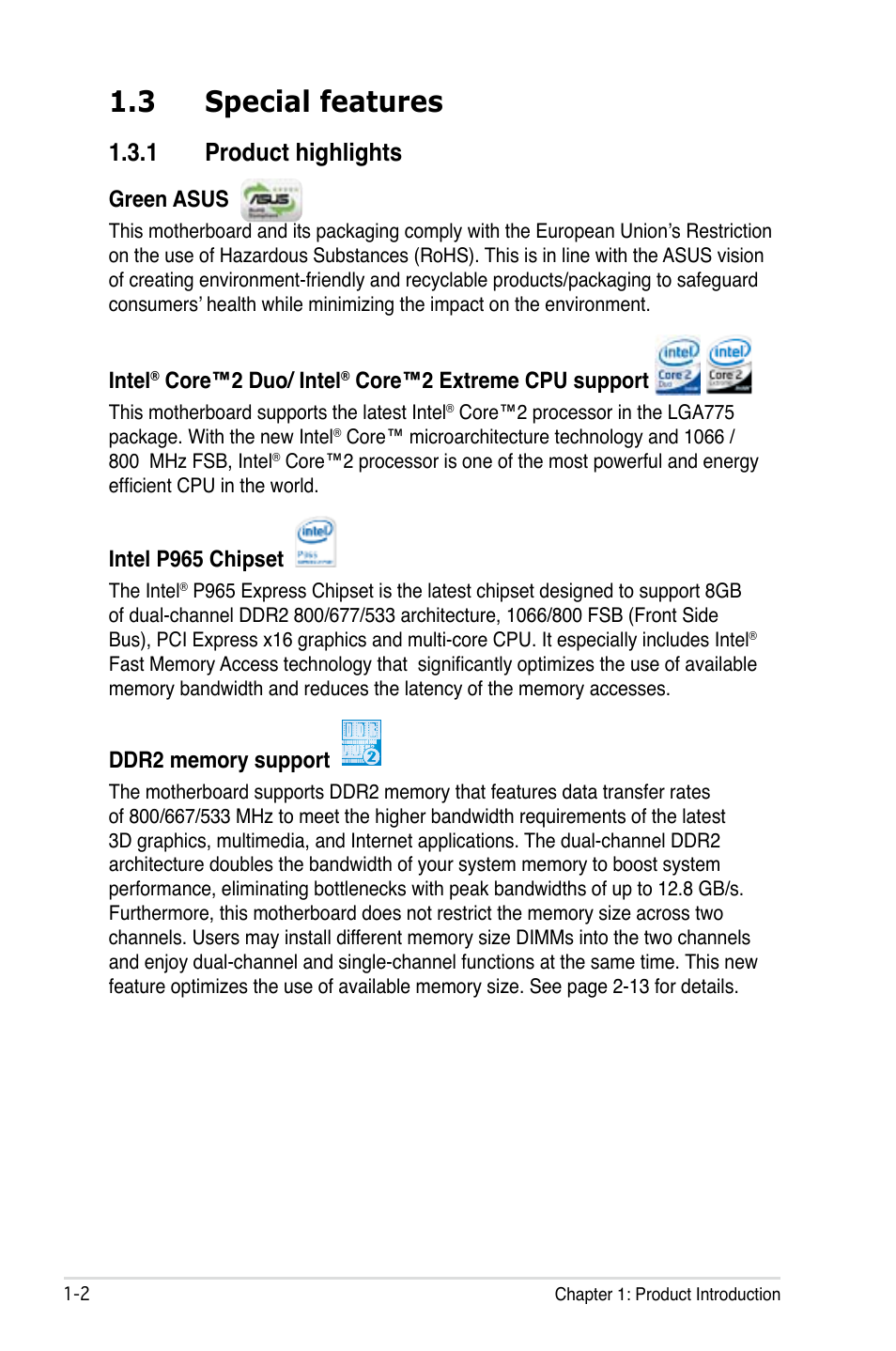 3 special features, 1 product highlights | Asus Motherboard P5B-E User Manual | Page 18 / 158