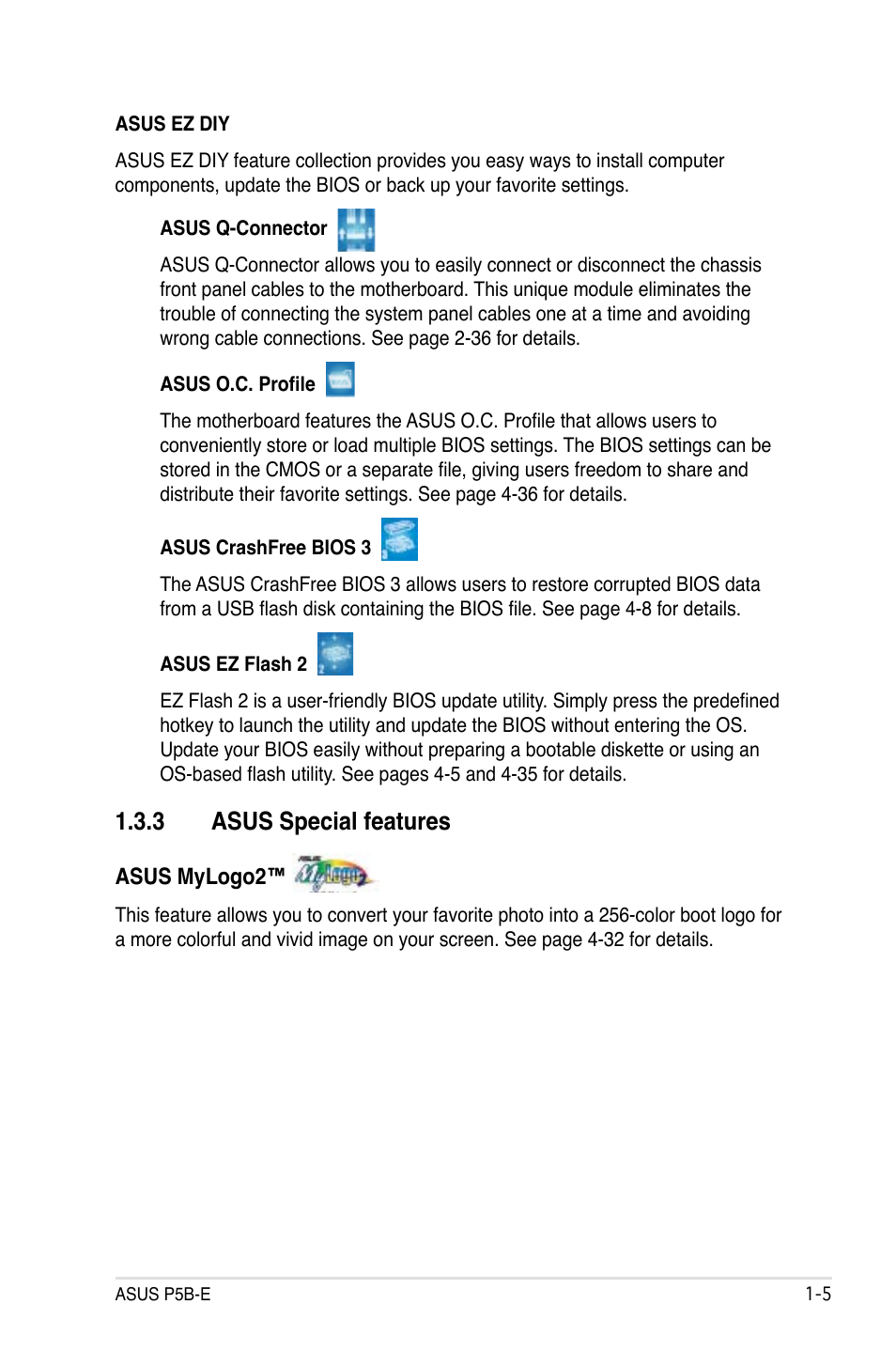 3 asus special features | Asus Motherboard P5B-E User Manual | Page 21 / 158