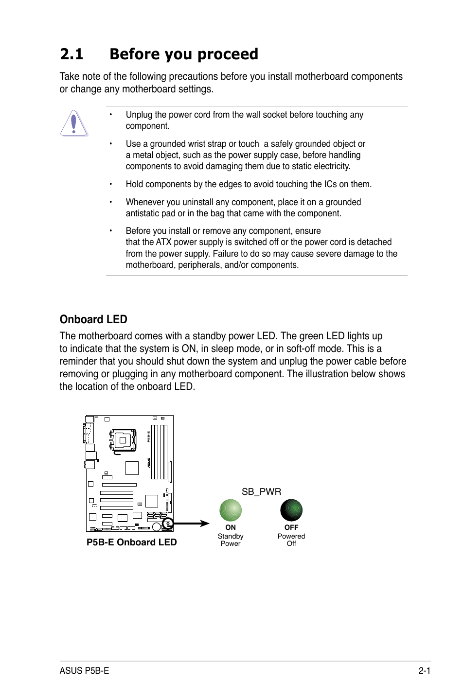 1 before you proceed, Onboard led | Asus Motherboard P5B-E User Manual | Page 25 / 158