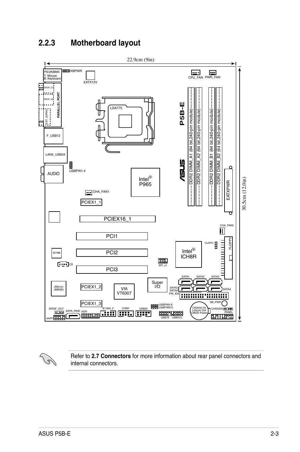 3 motherboard layout, Asus p5b-e 2-3, P5b-e | Intel, Ich8r, P965 pci1, Pciex16_1, Pci2 pci3 | Asus Motherboard P5B-E User Manual | Page 27 / 158