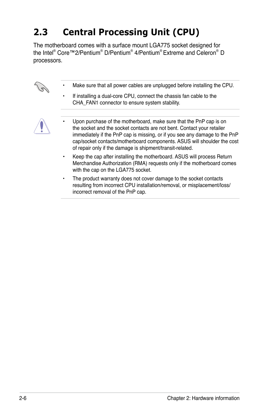 3 central processing unit (cpu) | Asus Motherboard P5B-E User Manual | Page 30 / 158