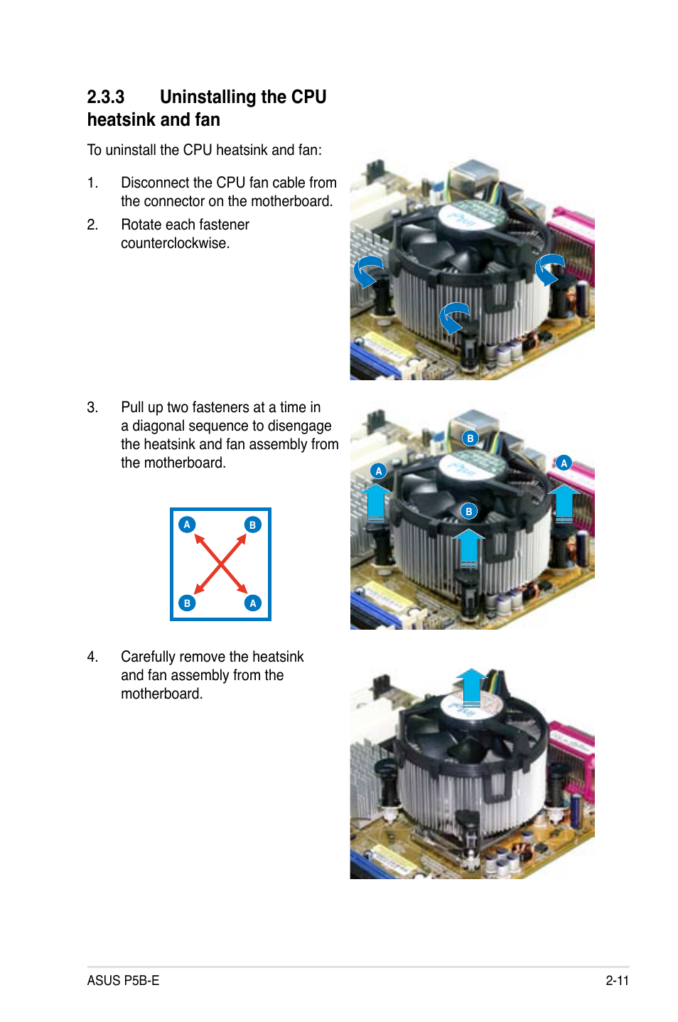 3 uninstalling the cpu heatsink and fan | Asus Motherboard P5B-E User Manual | Page 35 / 158