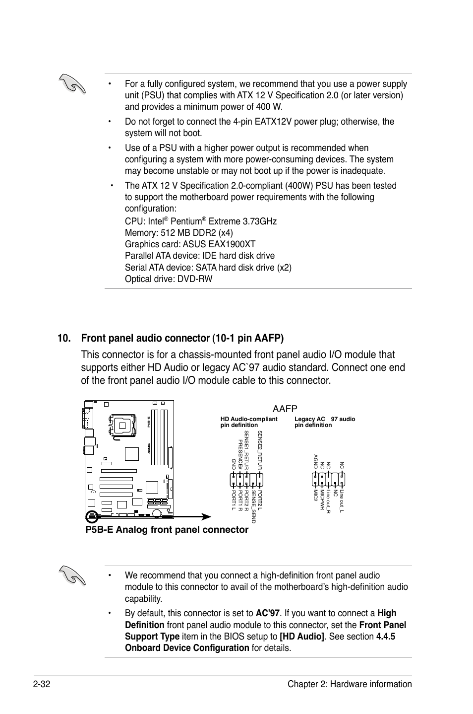 Pentium, P5b-e analog front panel connector aafp | Asus Motherboard P5B-E User Manual | Page 56 / 158