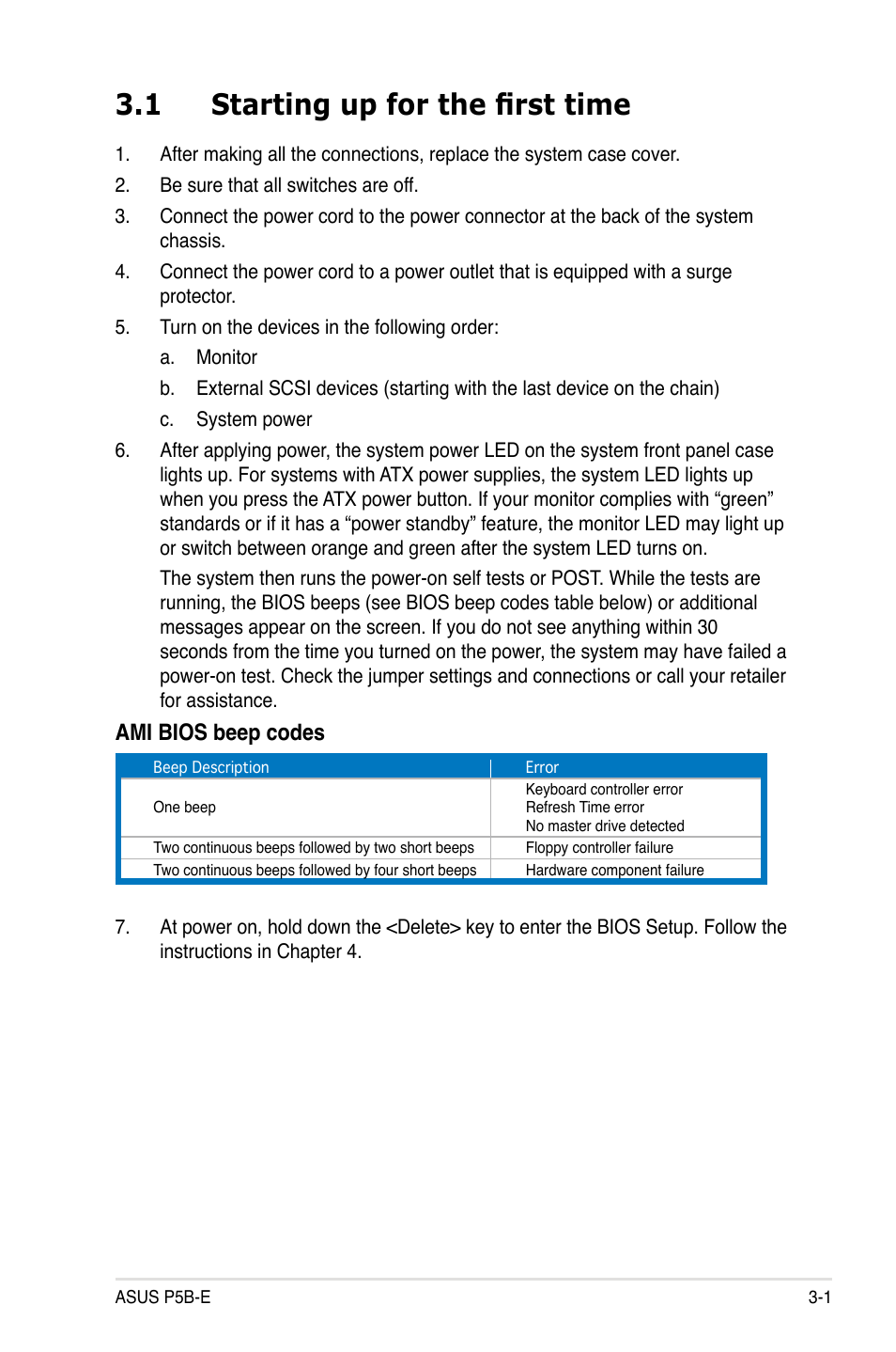1 starting up for the first time, Ami bios beep codes | Asus Motherboard P5B-E User Manual | Page 63 / 158