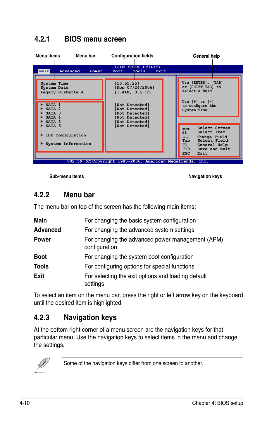 2 menu bar, 3 navigation keys, 1 bios menu screen | Asus Motherboard P5B-E User Manual | Page 76 / 158