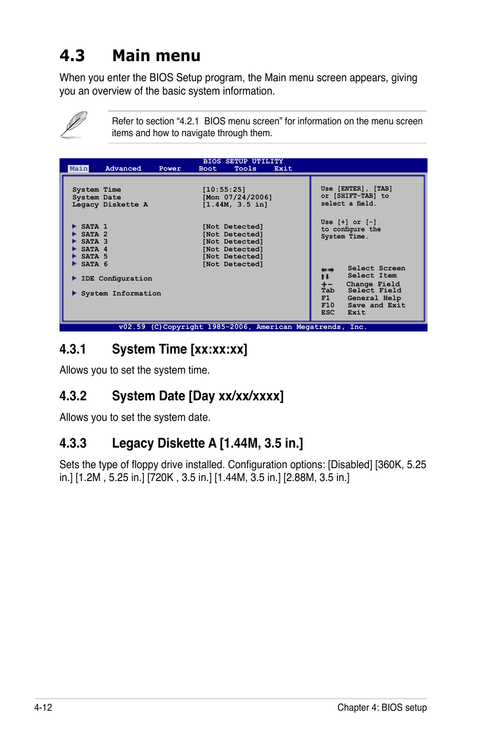 3 main menu, 1 system time [xx:xx:xx, Allows you to set the system time | Allows you to set the system date | Asus Motherboard P5B-E User Manual | Page 78 / 158