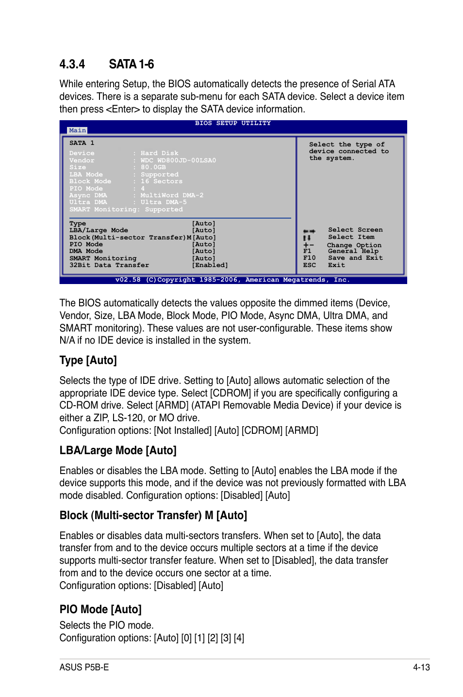 4 sata 1-6, Type [auto, Lba/large mode [auto | Block (multi-sector transfer) m [auto, Pio mode [auto | Asus Motherboard P5B-E User Manual | Page 79 / 158