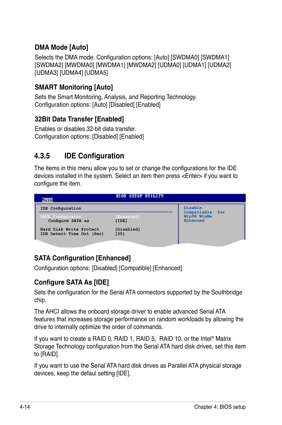 5 ide configuration, Dma mode [auto, Smart monitoring [auto | 32bit data transfer [enabled, Sata configuration [enhanced, Configure sata as [ide | Asus Motherboard P5B-E User Manual | Page 80 / 158