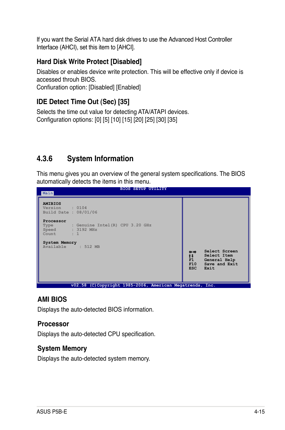 6 system information, Ami bios, Processor | Hard disk write protect [disabled, Ide detect time out (sec) [35 | Asus Motherboard P5B-E User Manual | Page 81 / 158