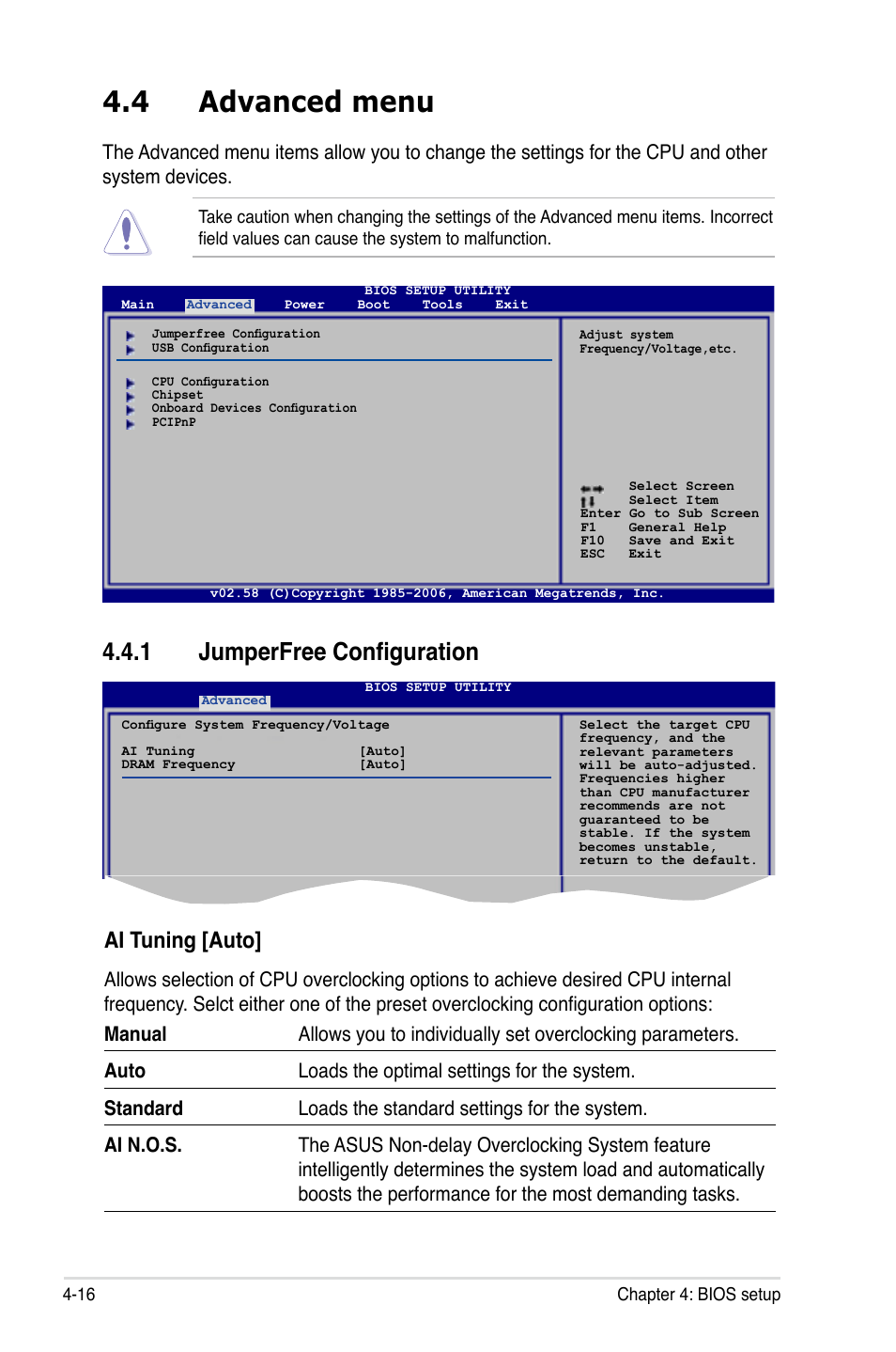 4 advanced menu, 1 jumperfree configuration, Ai tuning [auto | Asus Motherboard P5B-E User Manual | Page 82 / 158