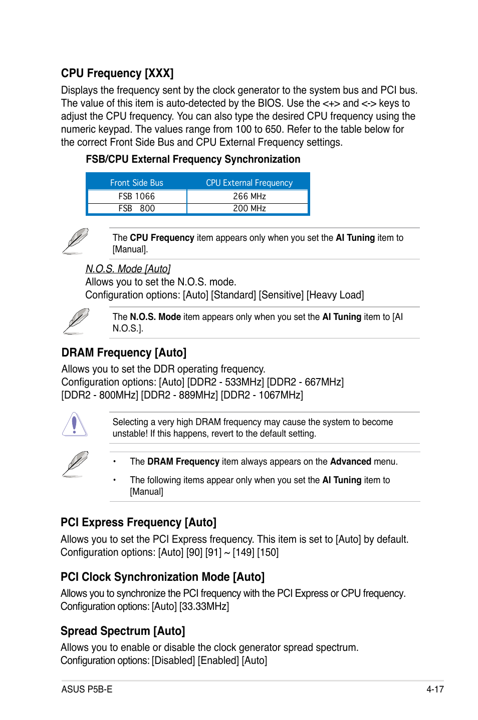 Cpu frequency [xxx, Dram frequency [auto, Pci express frequency [auto | Pci clock synchronization mode [auto, Spread spectrum [auto | Asus Motherboard P5B-E User Manual | Page 83 / 158