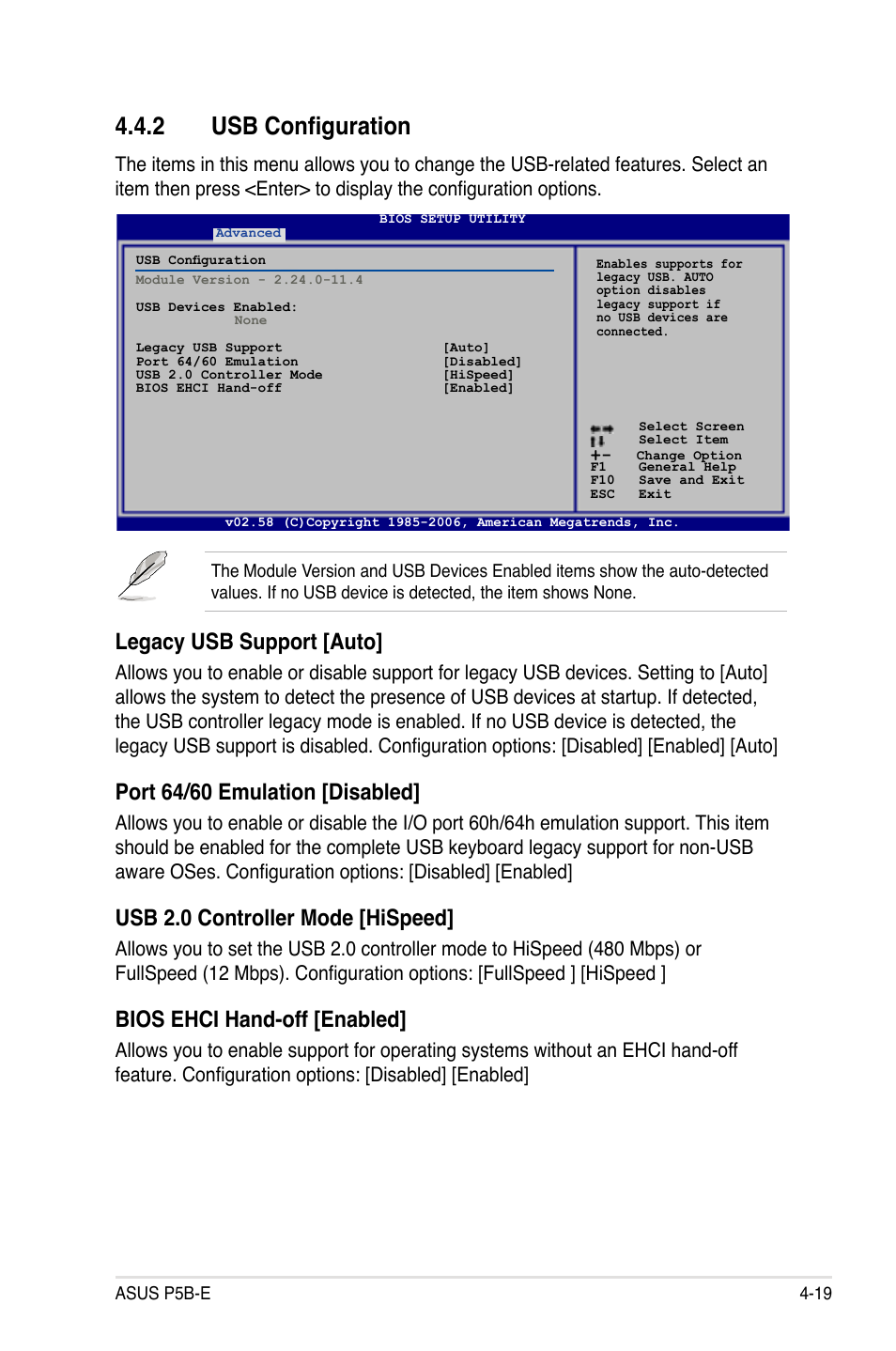 2 usb configuration, Legacy usb support [auto, Port 64/60 emulation [disabled | Usb 2.0 controller mode [hispeed, Bios ehci hand-off [enabled | Asus Motherboard P5B-E User Manual | Page 85 / 158