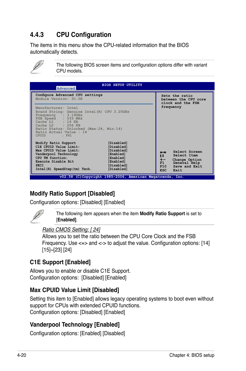 3 cpu configuration, Modify ratio support [disabled, C1e support [enabled | Max cpuid value limit [disabled, Vanderpool technology [enabled, Configuration options: [disabled] [enabled, Configuration options: [enabled] [disabled | Asus Motherboard P5B-E User Manual | Page 86 / 158