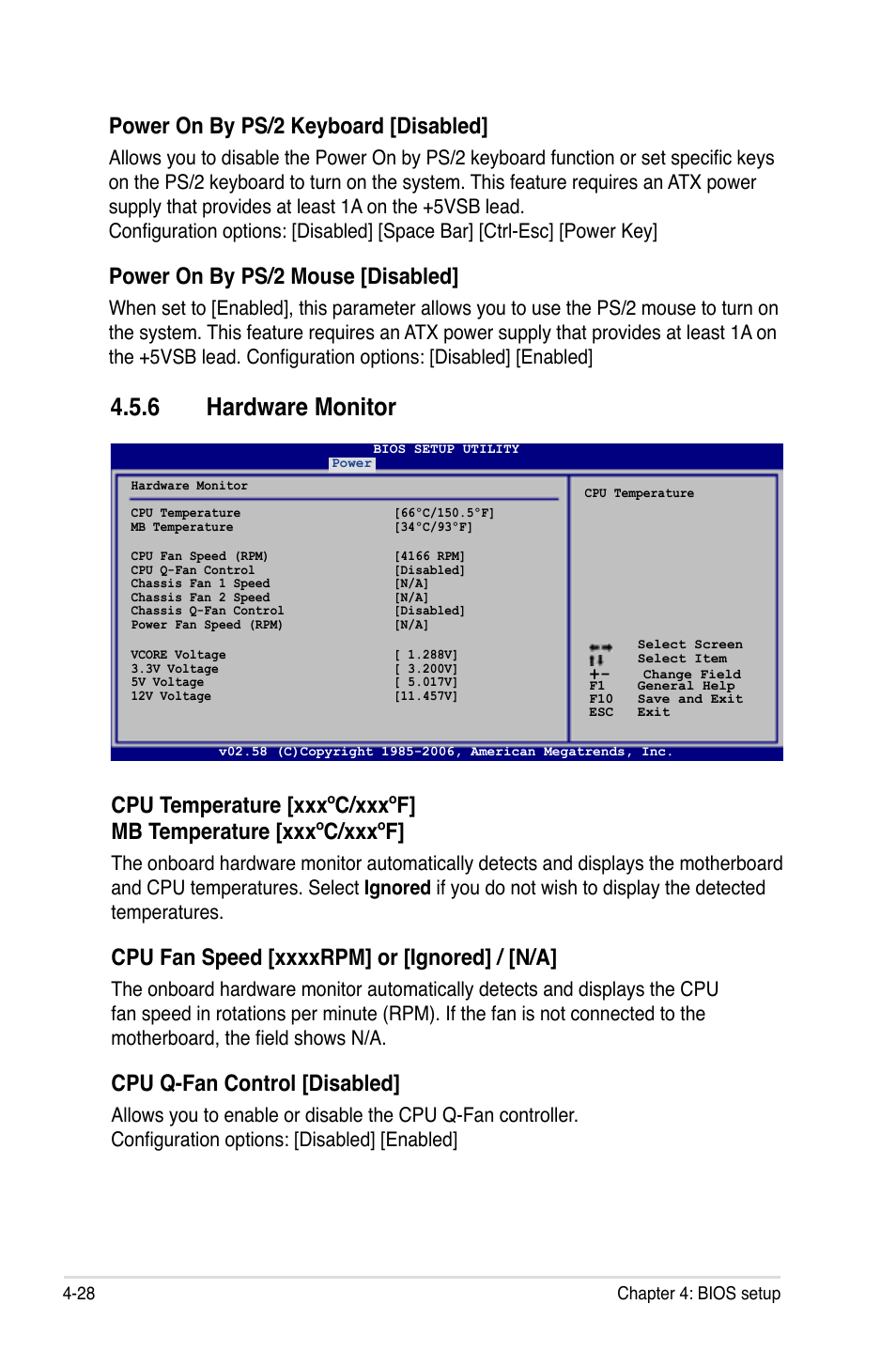 6 hardware monitor, Power on by ps/2 keyboard [disabled, Power on by ps/2 mouse [disabled | Cpu q-fan control [disabled | Asus Motherboard P5B-E User Manual | Page 94 / 158