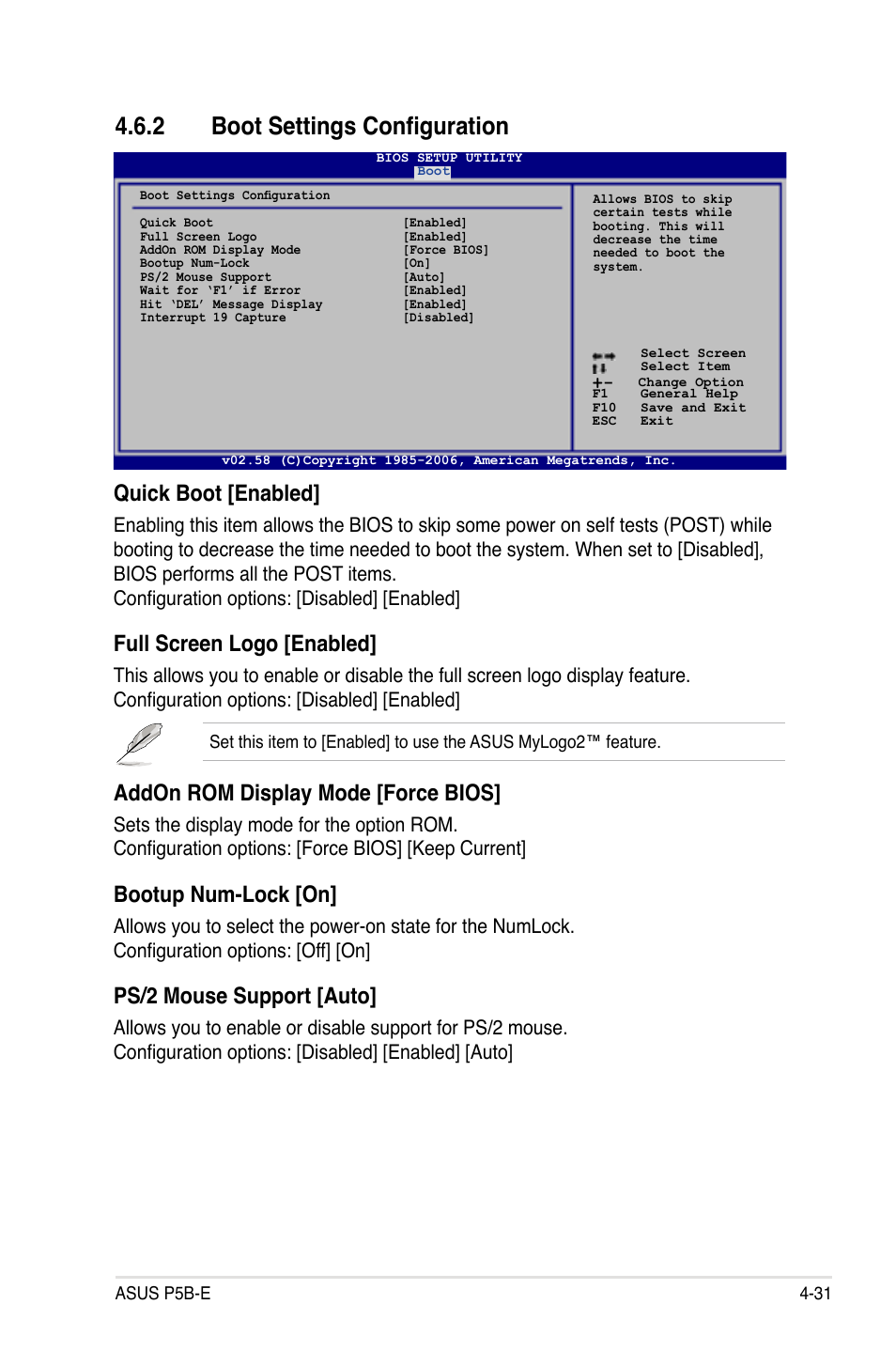 2 boot settings configuration, Quick boot [enabled, Full screen logo [enabled | Addon rom display mode [force bios, Bootup num-lock [on, Ps/2 mouse support [auto | Asus Motherboard P5B-E User Manual | Page 97 / 158