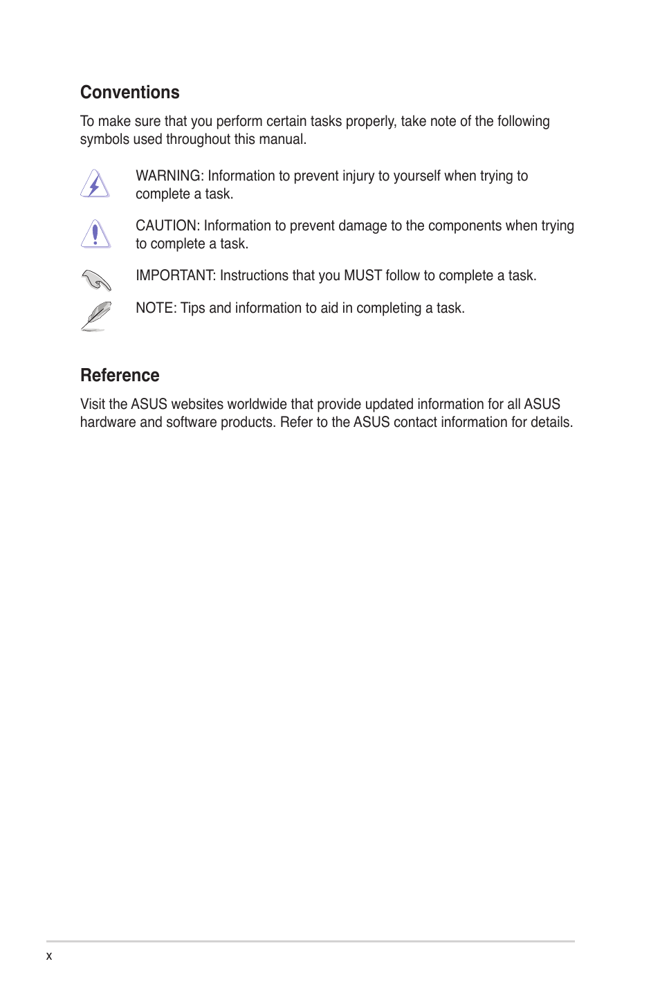 Reference, Conventions | Asus TS300-PA4 User Manual | Page 10 / 204