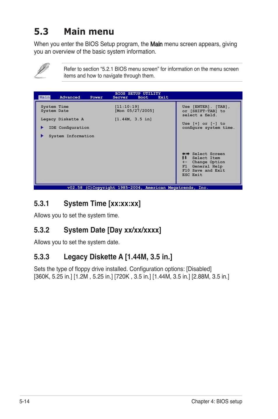 Main menu -14 5.3.1, System time -14, System date -14 | Legacy diskette a -14, 3 main menu, 1 system time [xx:xx:xx | Asus TS300-PA4 User Manual | Page 100 / 204