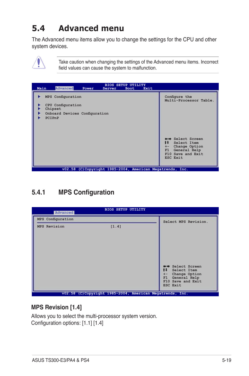 Advanced menu -19 5.4.1, Mps conﬁguration -19, 4 advanced menu | 1 mps conﬁguration, Mps revision [1.4 | Asus TS300-PA4 User Manual | Page 105 / 204