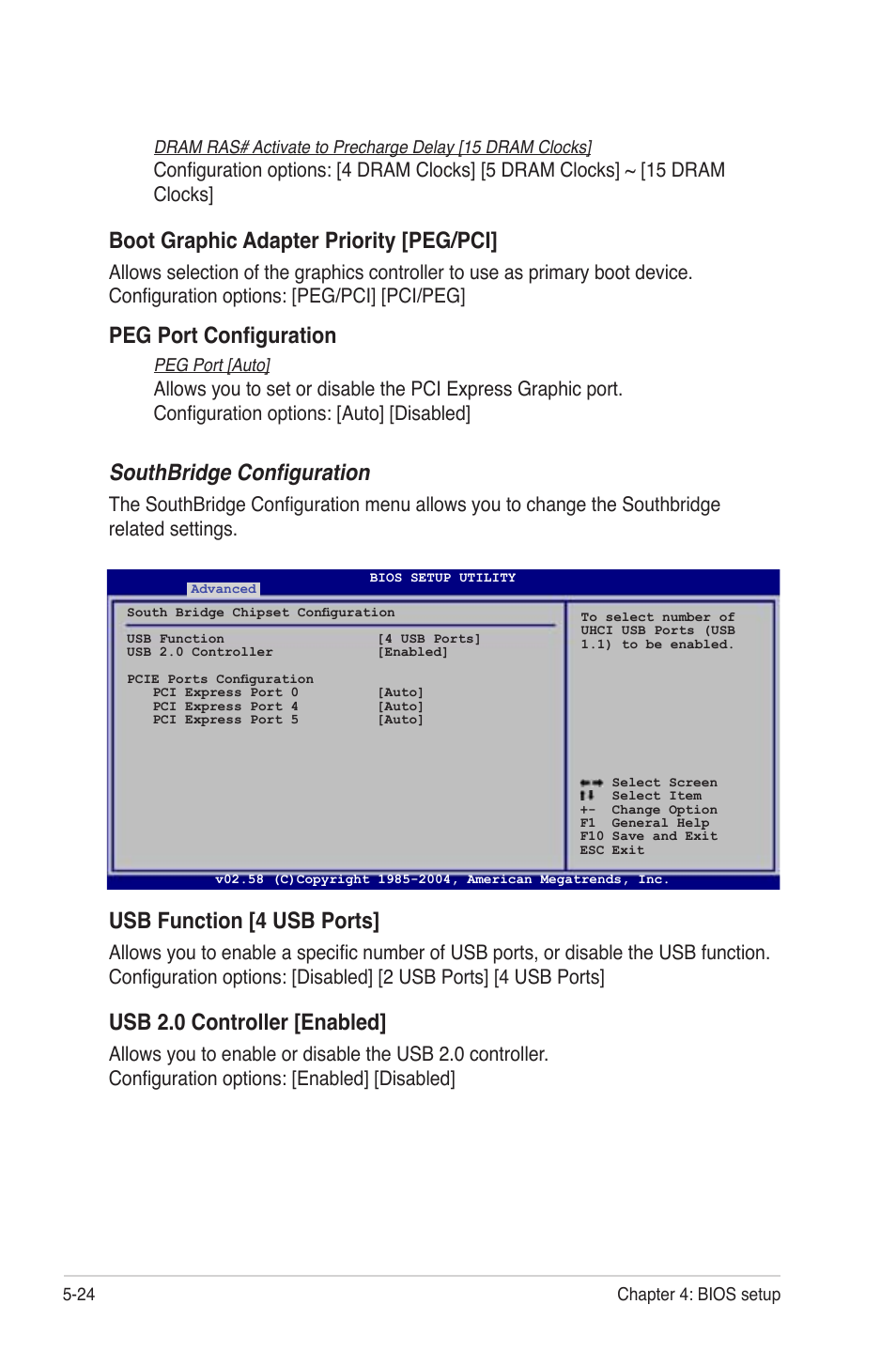 Boot graphic adapter priority [peg/pci, Peg port conﬁguration, Southbridge conﬁguration | Usb function [4 usb ports, Usb 2.0 controller [enabled | Asus TS300-PA4 User Manual | Page 110 / 204