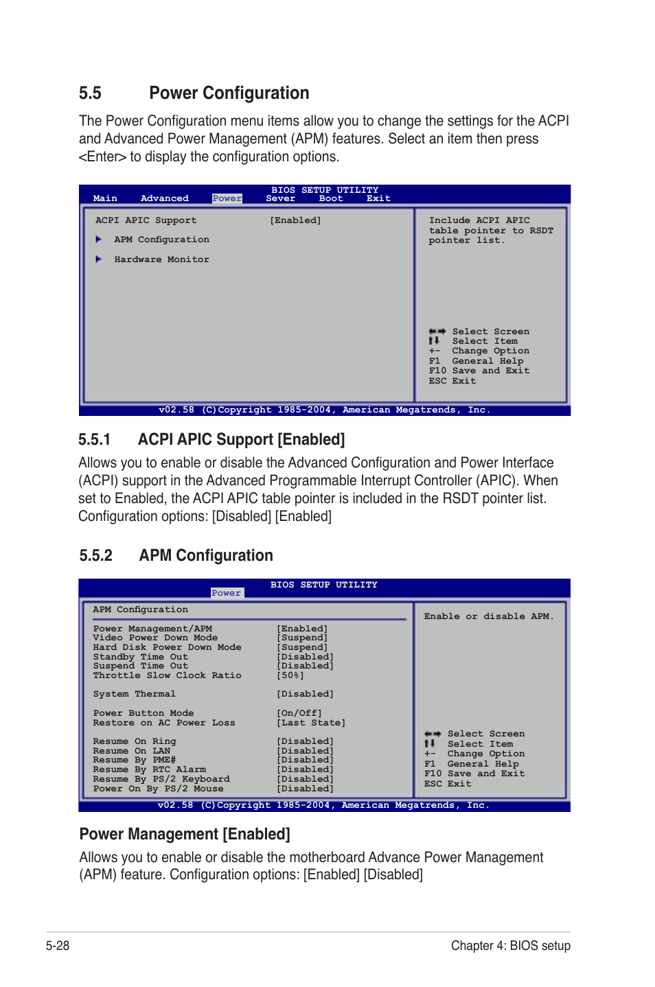 Power conﬁguration -28, 5 power conﬁguration, 1 acpi apic support [enabled | Power management [enabled, 2 apm conﬁguration | Asus TS300-PA4 User Manual | Page 114 / 204