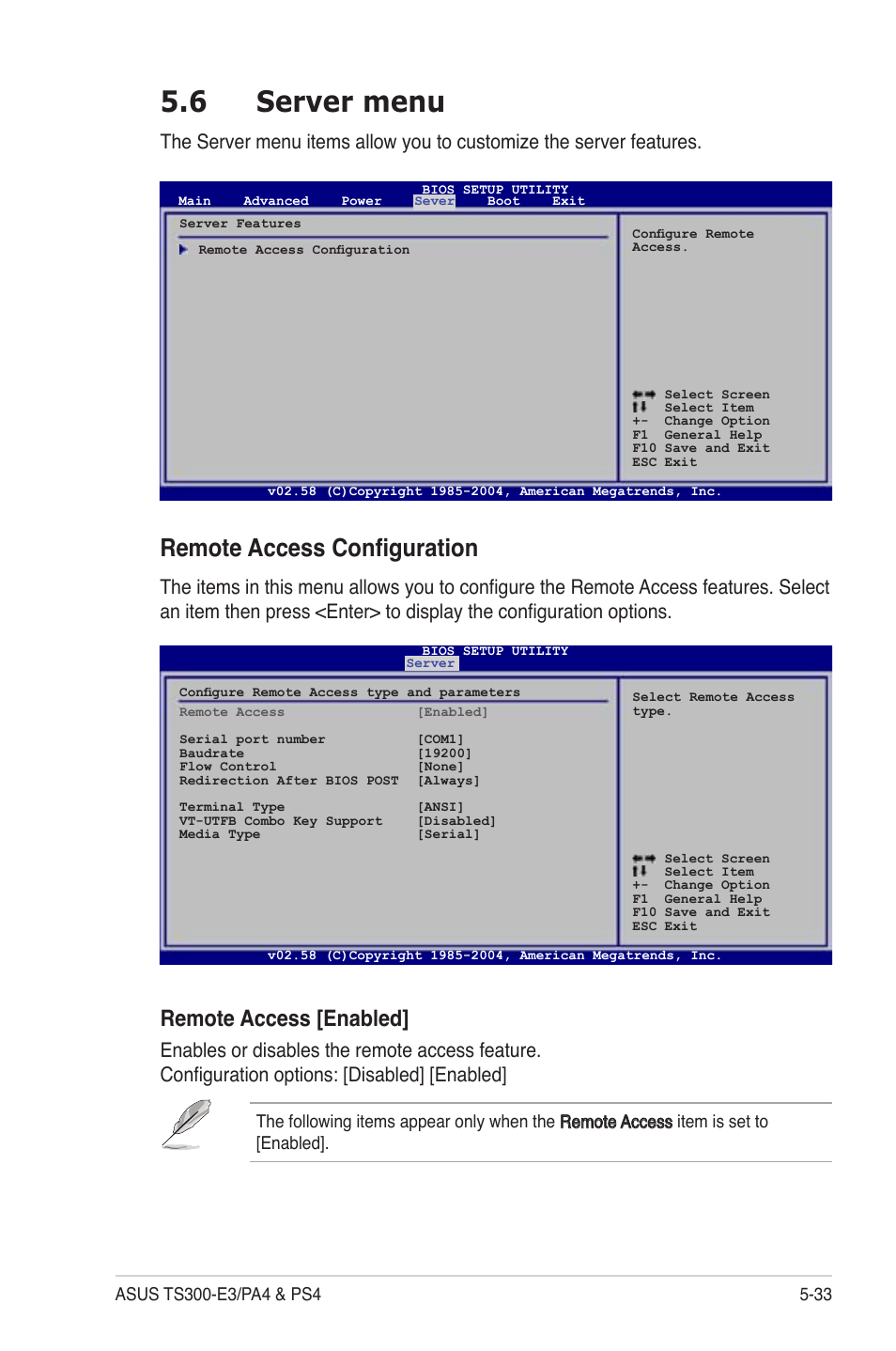 Server menu -33 remote access conﬁguration -33, 6 server menu, Remote access conﬁguration | Remote access [enabled | Asus TS300-PA4 User Manual | Page 119 / 204