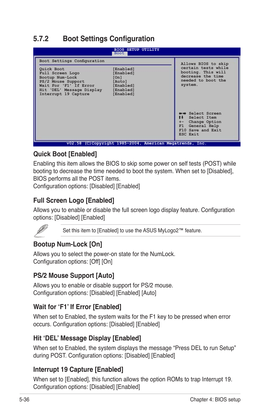 Boot settings conﬁguration -36, 2 boot settings conﬁguration, Quick boot [enabled | Full screen logo [enabled, Bootup num-lock [on, Ps/2 mouse support [auto, Wait for ʻf1ʼ if error [enabled, Hit ʻdelʼ message display [enabled, Interrupt 19 capture [enabled | Asus TS300-PA4 User Manual | Page 122 / 204