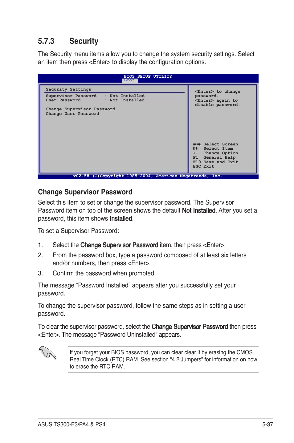 Security -37, 3 security, Change supervisor password | Asus TS300-PA4 User Manual | Page 123 / 204