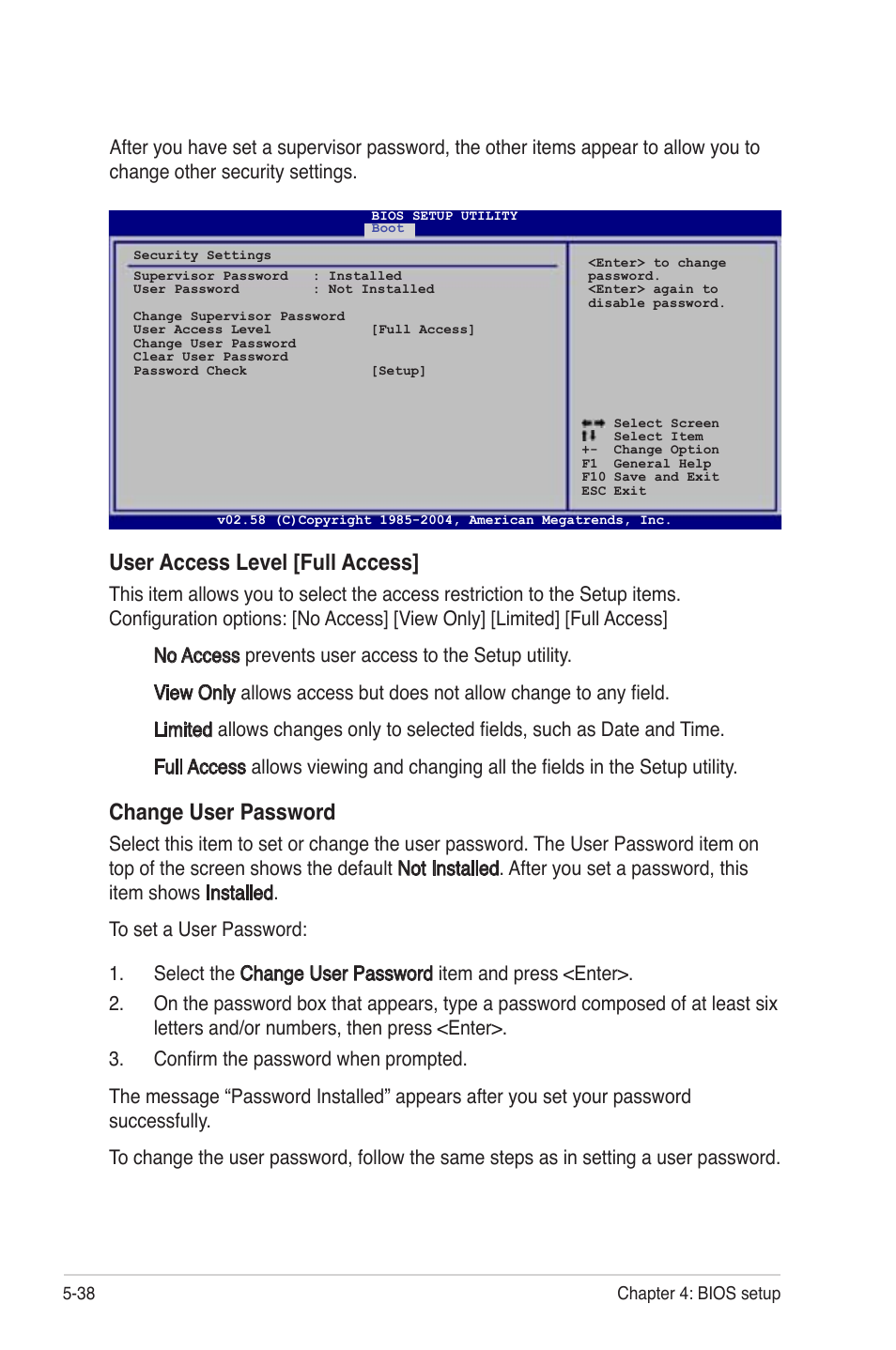 User access level [full access, Change user password | Asus TS300-PA4 User Manual | Page 124 / 204