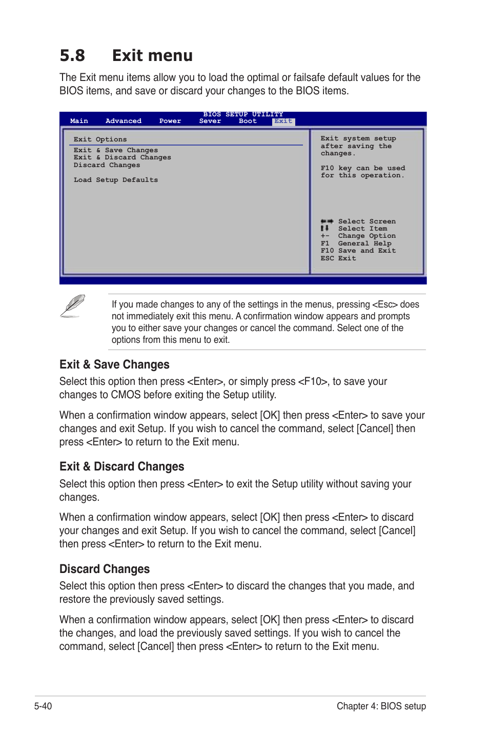 Exit menu -40, 8 exit menu, Exit & save changes | Exit & discard changes, Discard changes | Asus TS300-PA4 User Manual | Page 126 / 204