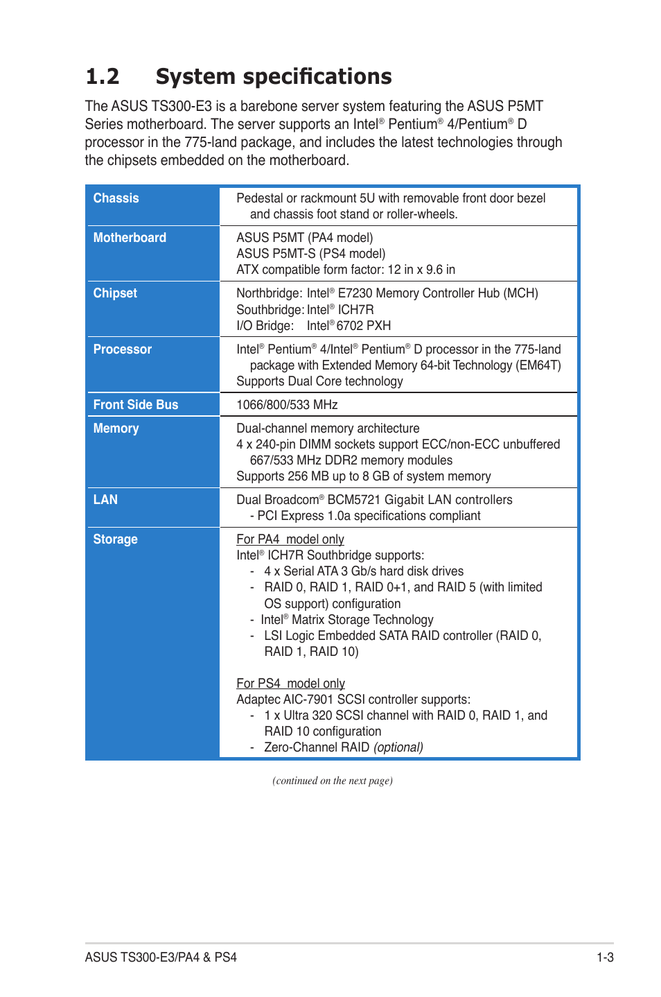 System speciﬁcations -3, 2 system speciﬁcations | Asus TS300-PA4 User Manual | Page 13 / 204