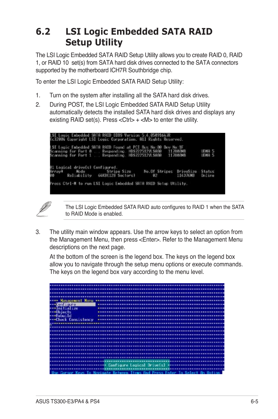 Lsi logic embedded sata raid setup utility -5, 2 lsi logic embedded sata raid setup utility | Asus TS300-PA4 User Manual | Page 133 / 204