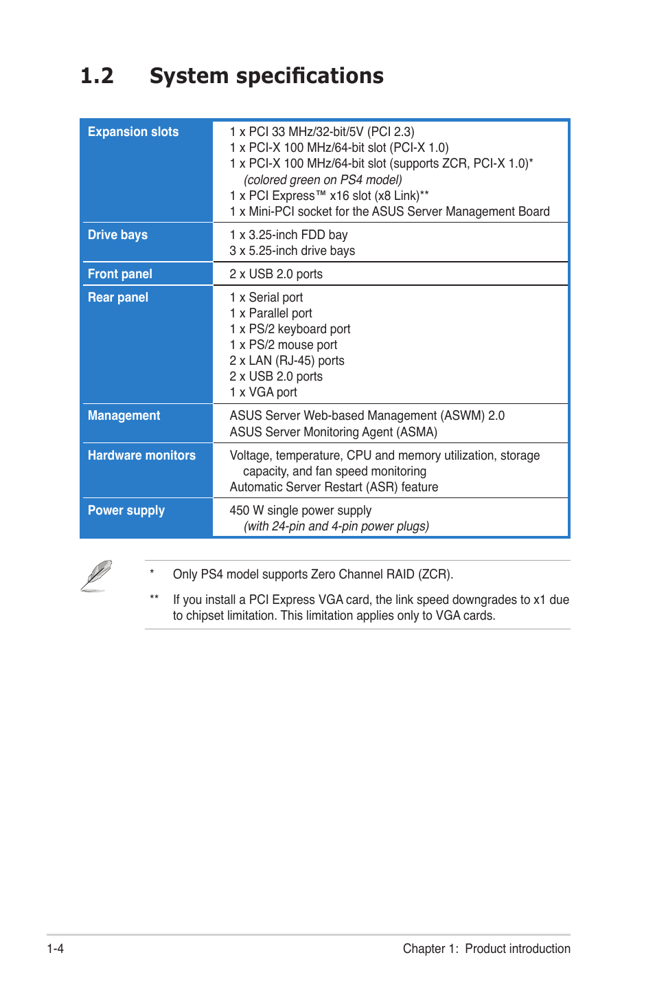 System speciﬁcations -4, 2 system speciﬁcations | Asus TS300-PA4 User Manual | Page 14 / 204