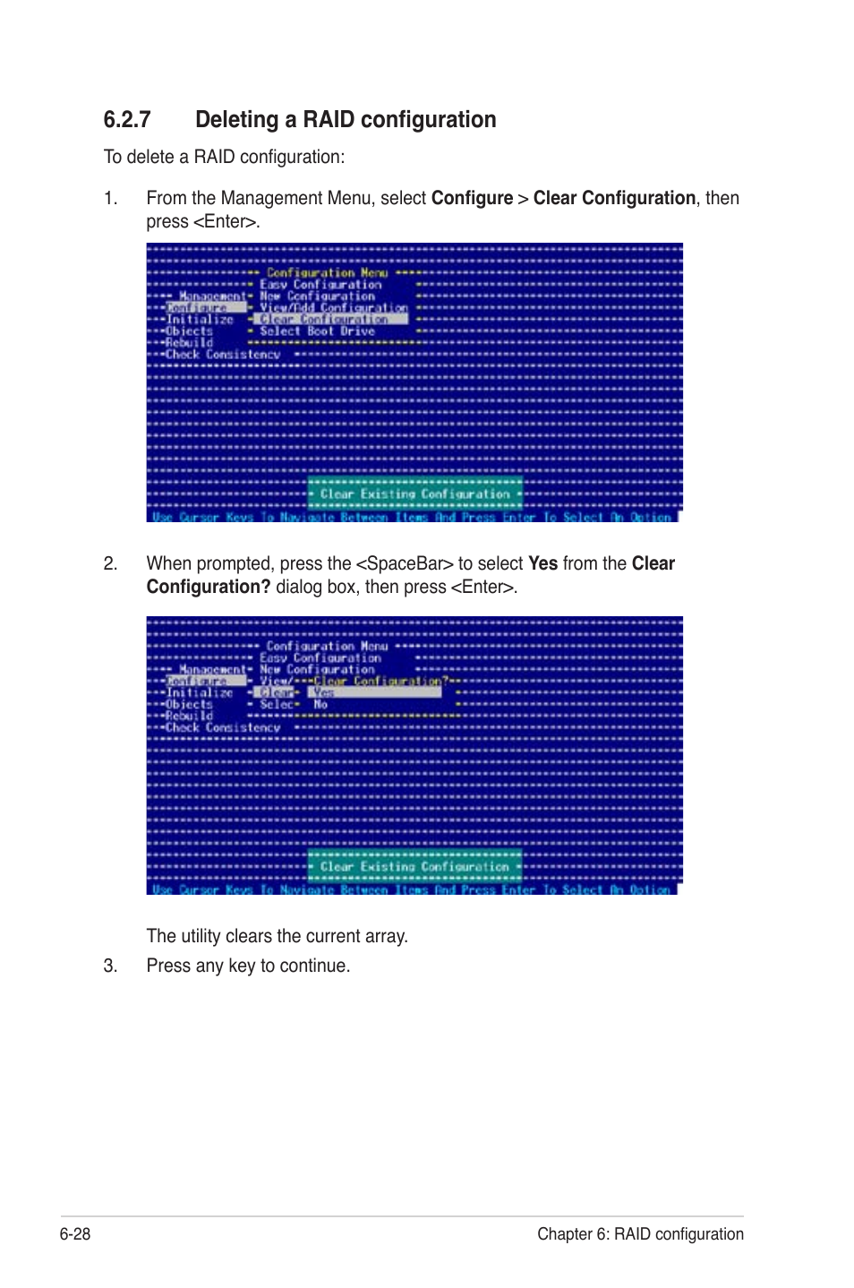 Deleting a raid conﬁguration -28, 7 deleting a raid conﬁguration | Asus TS300-PA4 User Manual | Page 156 / 204