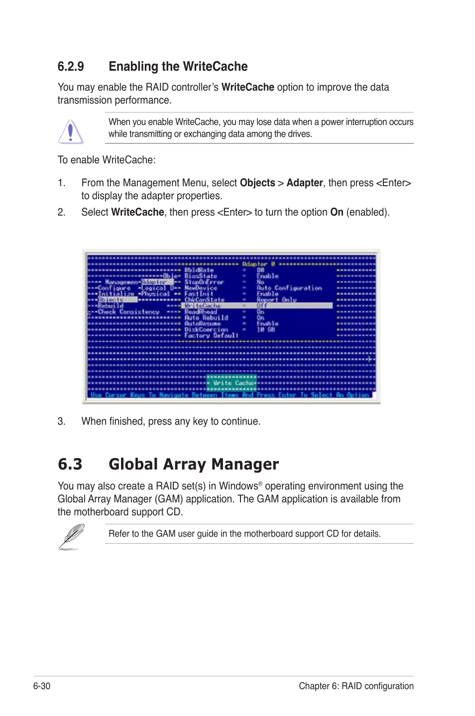 Enabling the writecache -30, Global array manager -30, 3 global array manager | 9 enabling the writecache | Asus TS300-PA4 User Manual | Page 158 / 204