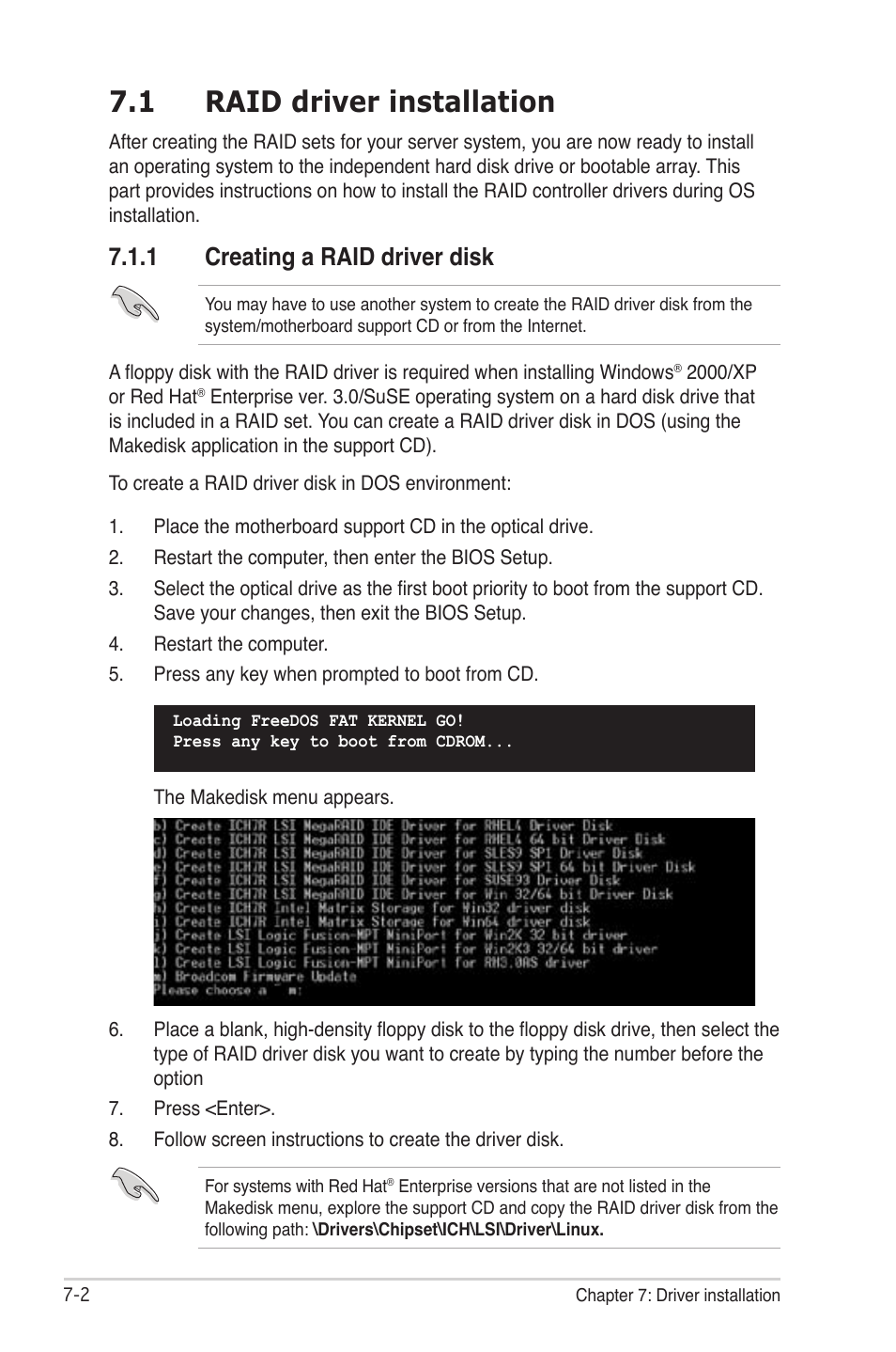 Raid driver installation -2 7.1.1, Creating a raid driver disk -2, 1 raid driver installation | 1 creating a raid driver disk | Asus TS300-PA4 User Manual | Page 182 / 204