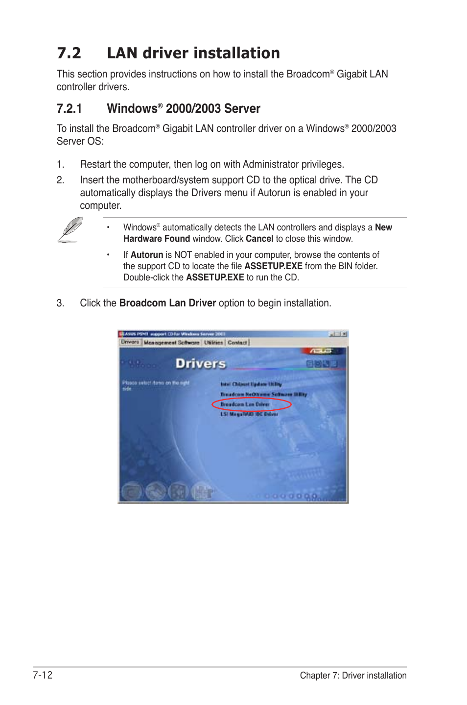 Lan driver installation -12 7.2.1, Windows, 2000/2003 server -12 | 2 lan driver installation, 1 windows | Asus TS300-PA4 User Manual | Page 192 / 204