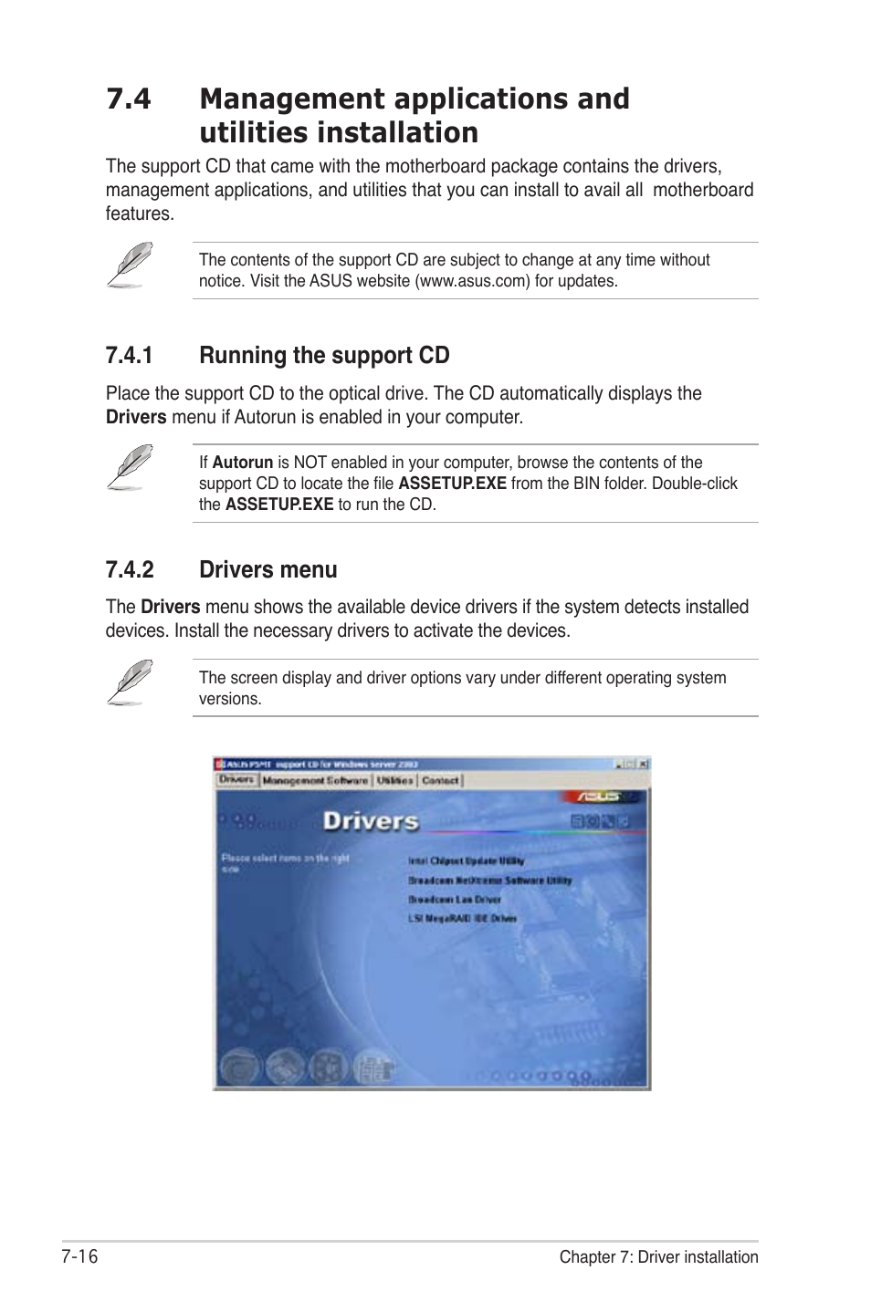 Running the support cd -16, Drivers menu -16 | Asus TS300-PA4 User Manual | Page 196 / 204