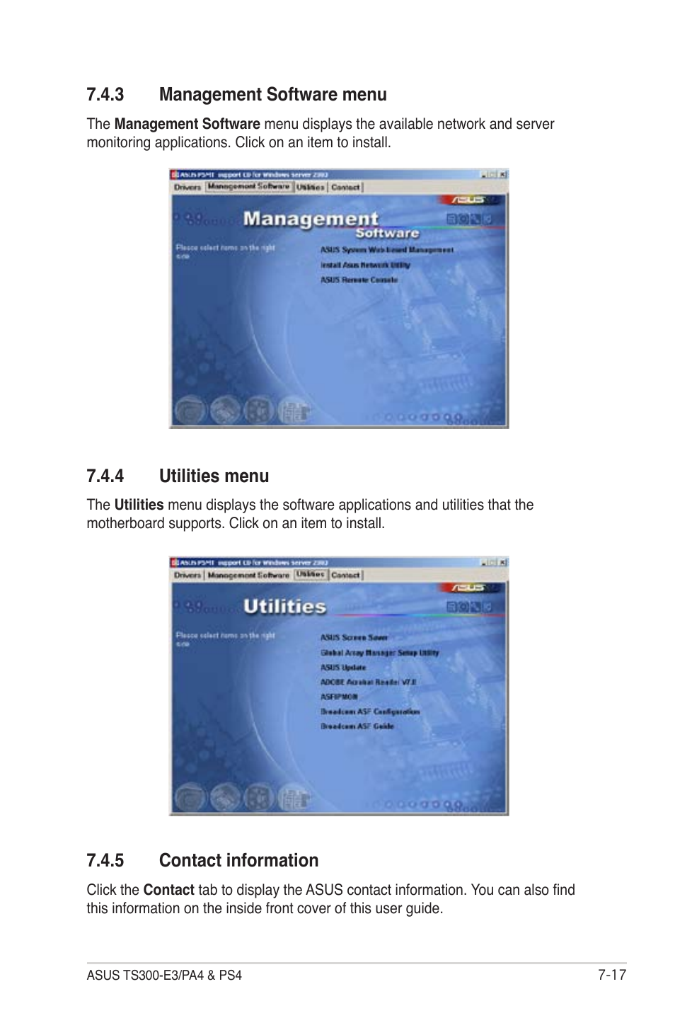 Management software menu -17, Utilities menu -17, Contact information -17 | Asus TS300-PA4 User Manual | Page 197 / 204