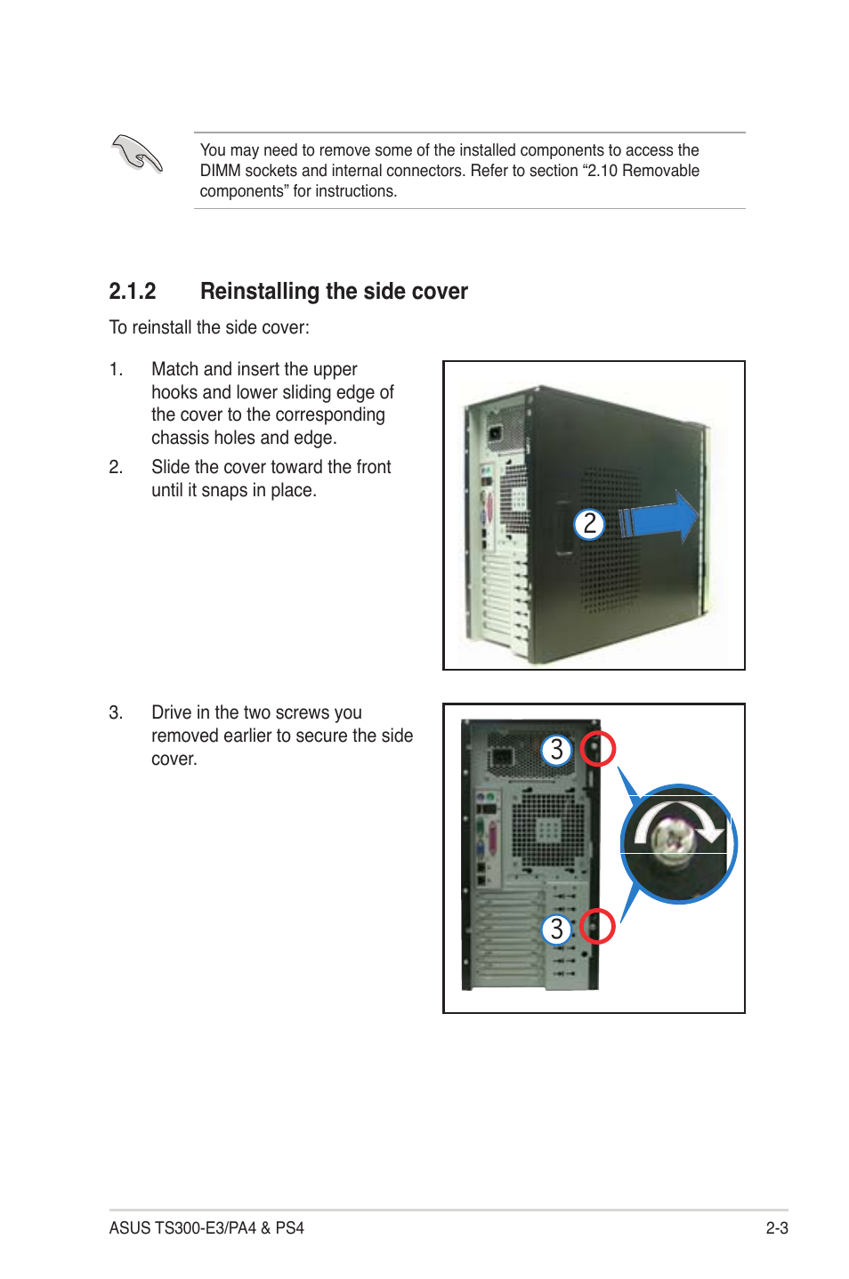 2 reinstalling the side cover | Asus TS300-PA4 User Manual | Page 23 / 204