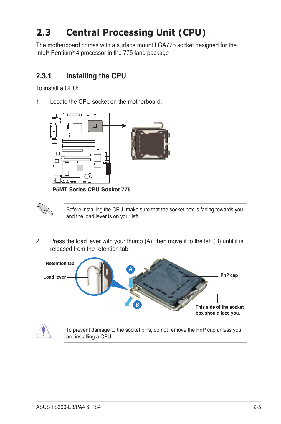 3 central processing unit (cpu), 1 installing the cpu | Asus TS300-PA4 User Manual | Page 25 / 204