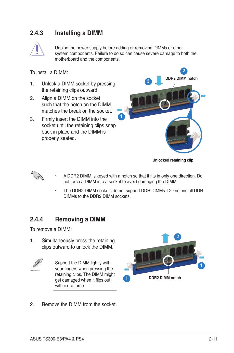 3 installing a dimm, 4 removing a dimm | Asus TS300-PA4 User Manual | Page 31 / 204