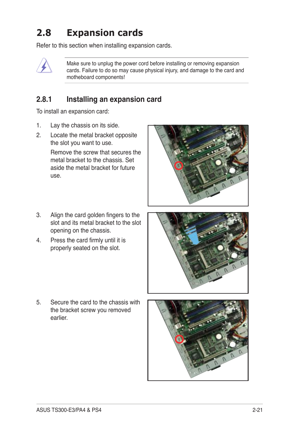 8 expansion cards, 1 installing an expansion card | Asus TS300-PA4 User Manual | Page 41 / 204