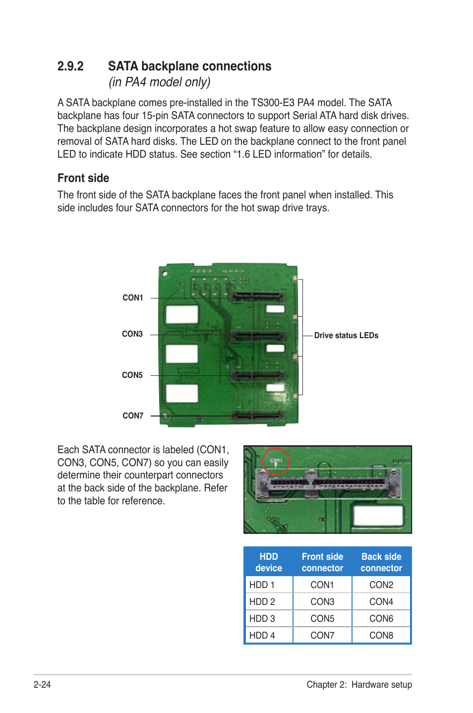 2 sata backplane connections (in pa4 model only), Front side | Asus TS300-PA4 User Manual | Page 44 / 204